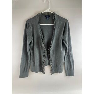 Chaps Sweater Women's Size Large Gray Ruffled Open/Buttoned Cardigan Long Sleeve